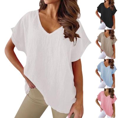 Women's Fashion V-Neck Casual Solid Color Cotton Short Sleeve T-Shirt