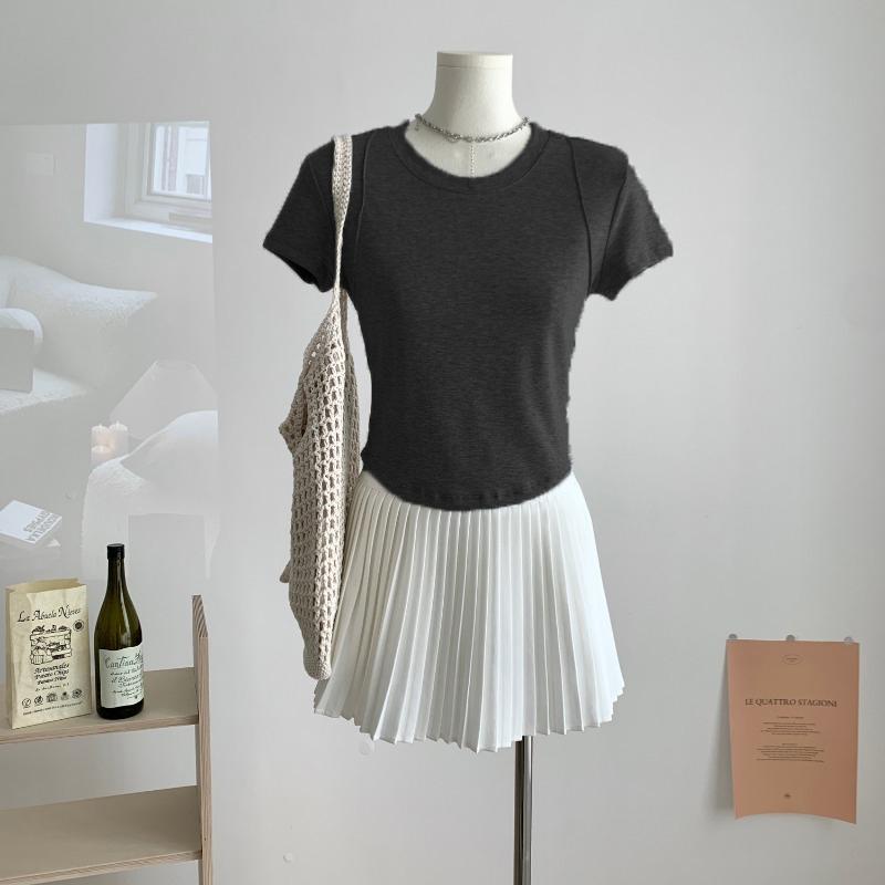 Fashion Round Neck Slim Fit Cropped T-shirt Women Short Sleeve Tops Women Summer Elegant Casual T Shirt Office Lady Simple Tee 24239