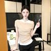 Oatmeal Round Neck Off-the-shoulder Fake Two-piece Short-sleeved T-shirt for Women's Summer Korean Thin Niche Design Top