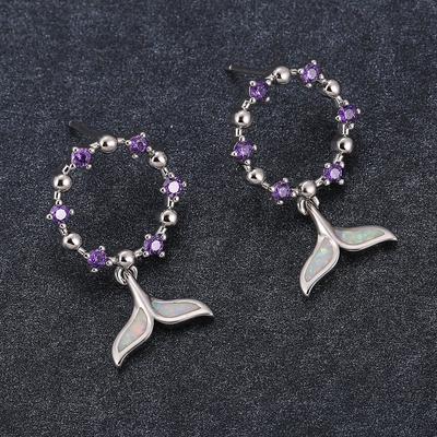 Inlaid Purple Diamond Blue Fish Tail Earrings