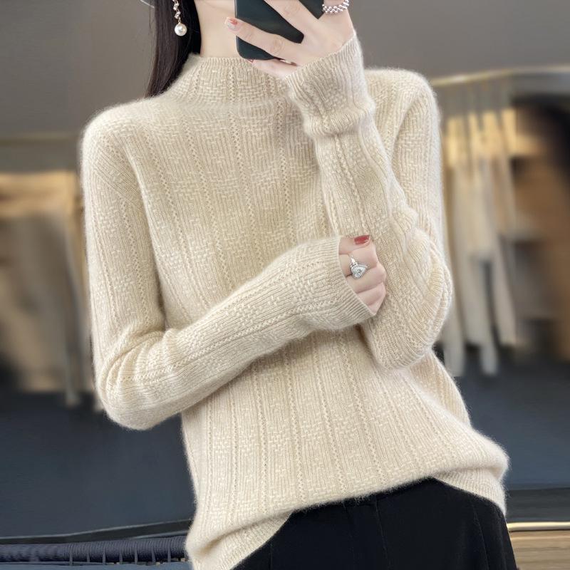 Autumn/Winter Women's High-Quality Jacquard Wool Seamless Knit Sweater - Half-High Collar, Solid Color Fashion Top