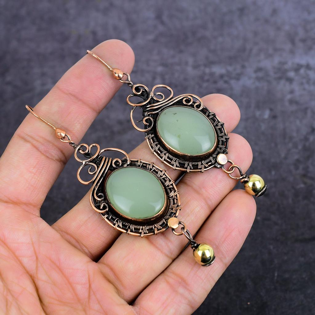 Natural Green Chalcedony Gemstone Copper Wire Wrap Jewelry Earring 3.55" p0p75