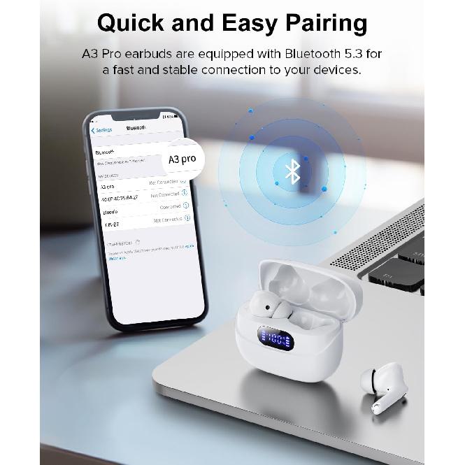 Wireless Earbuds, 42H Playtime Bluetooth 5.3 Headphones, HiFi Stereo Call Noise Cancelling Earbuds, IPX7 Waterproof Stereo in-Ear Earphones with LED