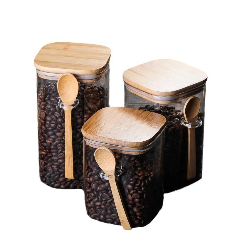 Japanese Square Glass Airtight Jar with Wooden Spoon for Coffee Bean and Tea Storage