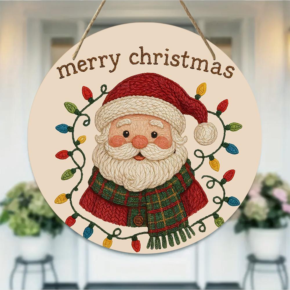 Vintage Santa Claus Print Round Wooden Hanging Plaque Natural Solid Wood Texture Wall Decor Door Sign Christmas Festive Home Gift Ornament