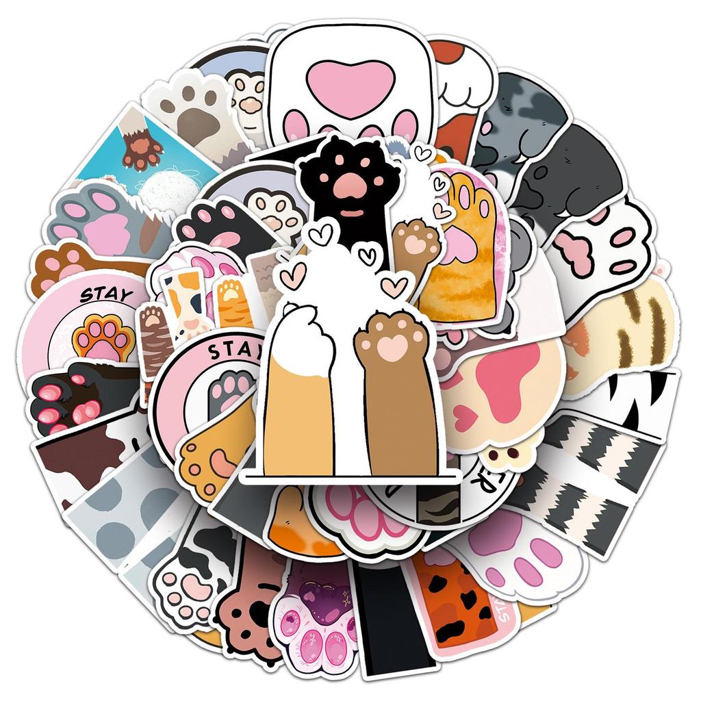 50 Cat Paw Graffiti Stickers - Cute, Waterproof Cartoon Cat Designs for Decorating Phone Cases and Suitcases