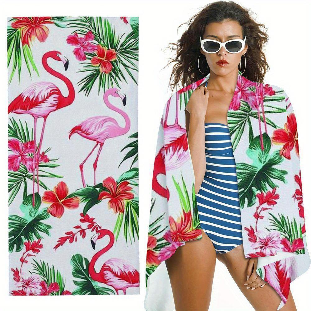 Pink Flamingo Beach Towel, Tropical Flamingo & Hibiscus Print Oversized Bath Towel, Soft Quick Dry Summer Beach Blanket 1pcs