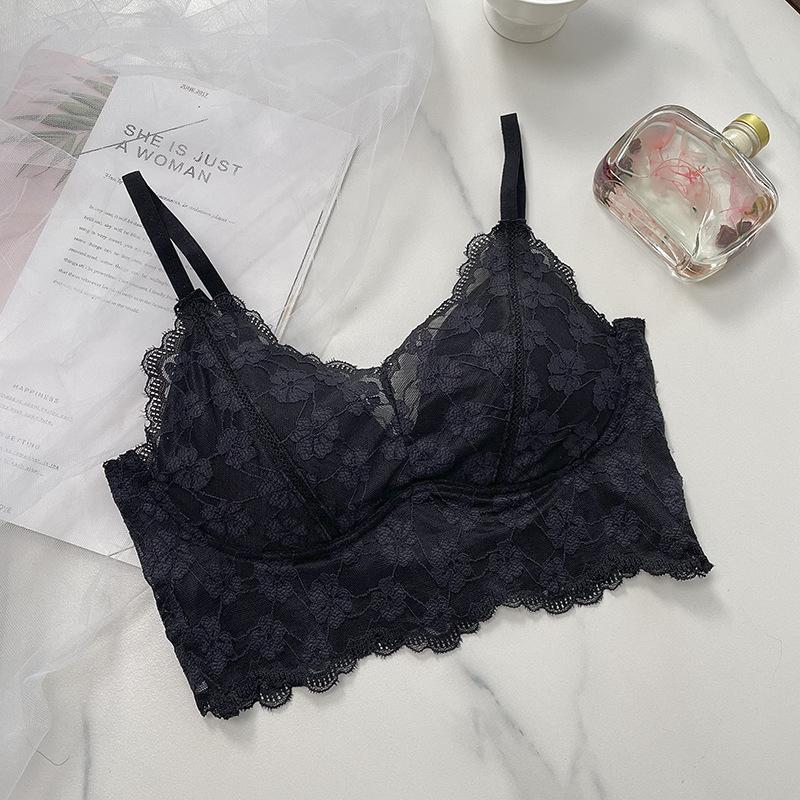 Romantic Floral Lace Beautiful Back Small Chest Gathering No Steel Ring Bra Fixed Cup Upper Support Sweet Temperament Bra Underwear