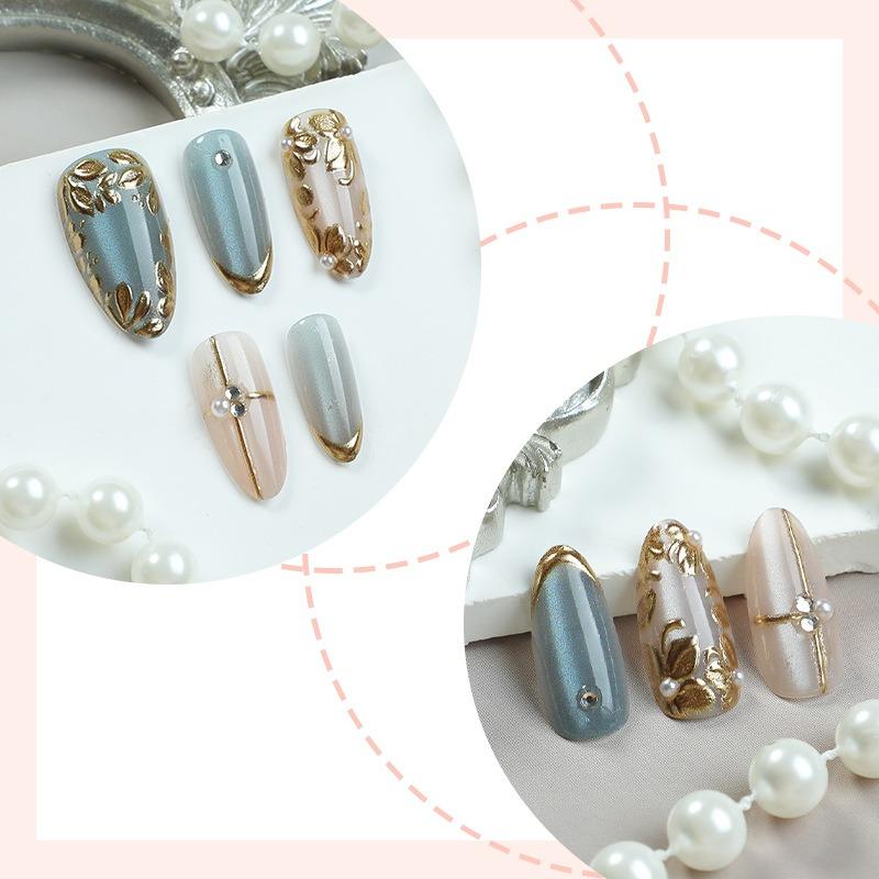 Ins 24pcs Removable Wearable Nails Golden Leaves Cat's Eye Gilded Flower Pearl Full Coverage Nail Tips for Women&Girl New