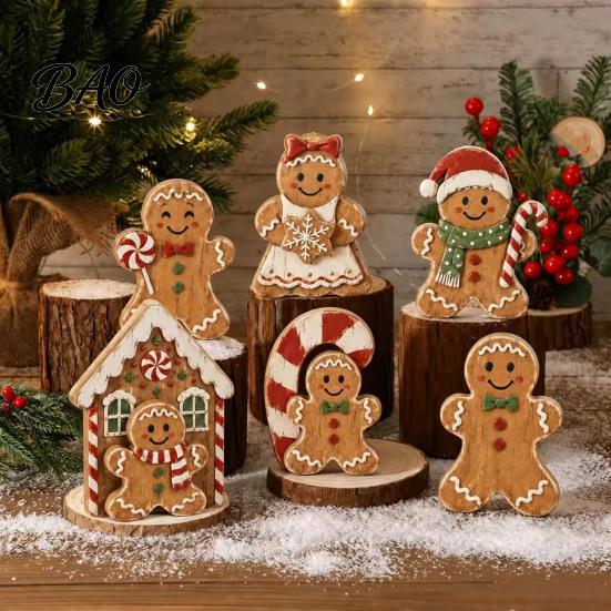 Christmas Window Display Ornaments Wooden Gingerbread Man Decor, Rustic Gingerbread, Candy Cane House Figurines, Xmas Family Gathering Decorative