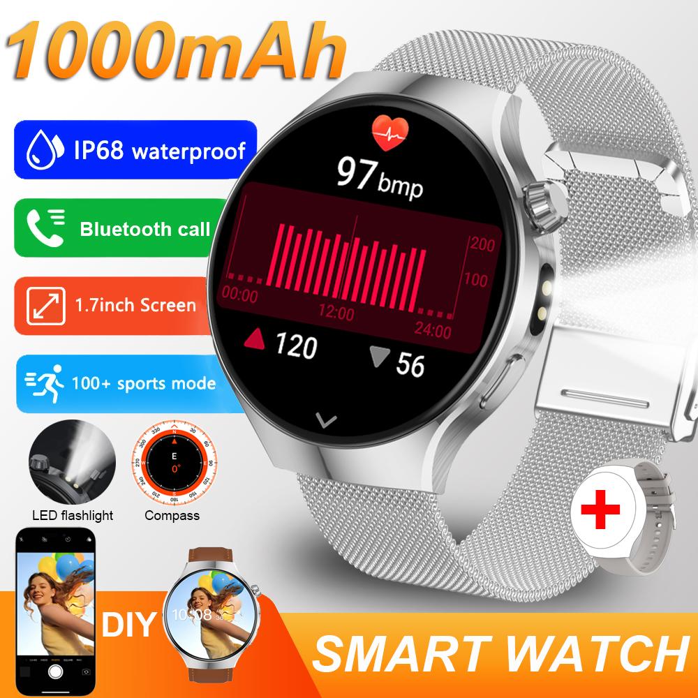 New 1000mAh battery Smart Watch 1.70" HD  Screen Flashlight GPS track Heart Rate BT Call Compass Smartwatch for Men