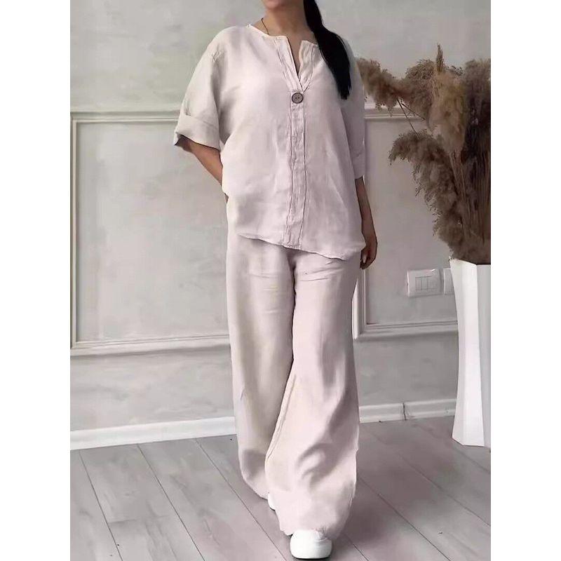 

Cross-Border Foreign Trade Amazon Fashion European and American Women s Clothing Comfortable Loose Tops Wide-Leg Pants Casual Cotton and Linen Suits Apricot XL