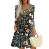 Women's Fashionable V-Neck Button Seven Part Cuff Pocket Floral Dress