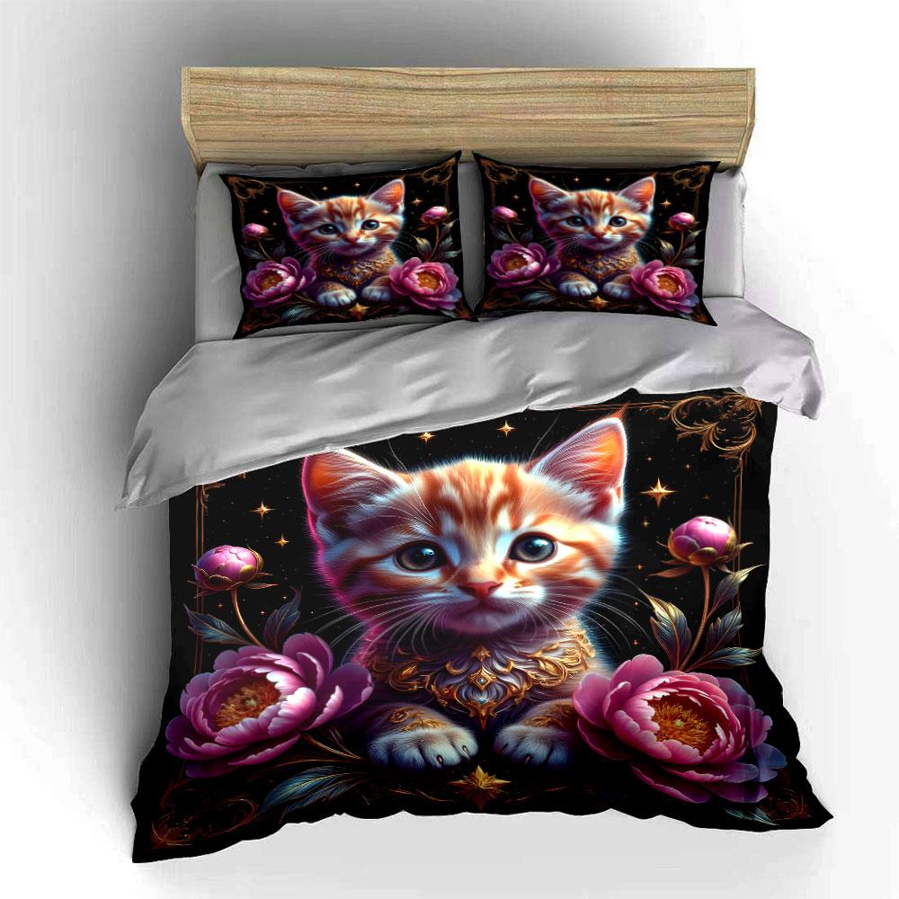 Elegant Floral Cat Art Set - Home Decor Kid'S And Adults' Bedroom Decor, Exquisite Three-Piece Bedding Set Gift