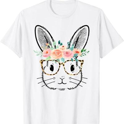 Süßes Häschen Leopard Brille Blumen Mädchen Frauen Ostertag T-Shirt
