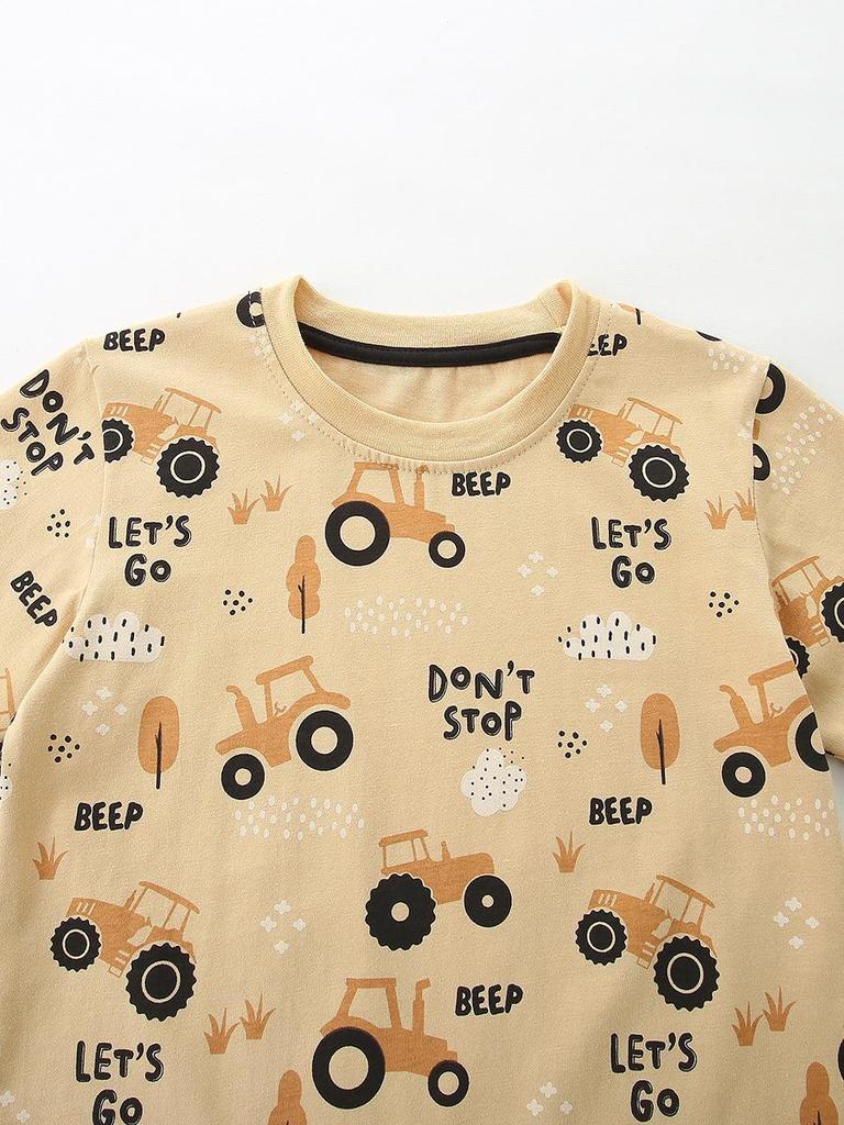 Cartoon Car Print Toddler T-shirt & Shorts Set - European Style, Knit Cotton, Two-Piece