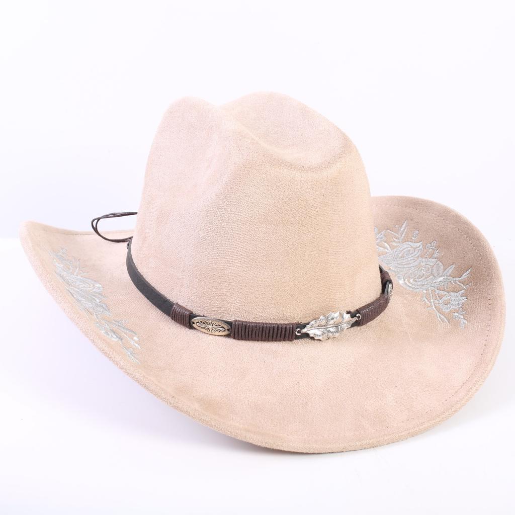 Beliebter europäischer und amerikanischer klassischer Wildleder Western Cowboyhut für Herren und Damen, großer Schirm, bestickt, Outdoor-Sonnenhut