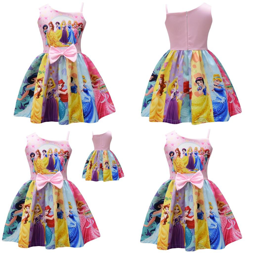 Disney Princess Girl Dress With Bow Knot Cotton Blend For Spring Summer Ages 3 To 8