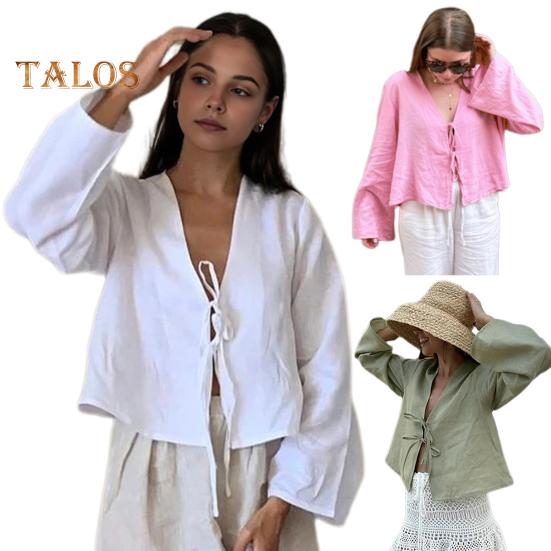 Damen-Shirt mit V-Ausschnitt, langen Ärmeln, lockere Passform, einfarbig, Sommer-Shirt mit Schnürung und Schleife, Strickjacke, Oberteil mit Bindeverschluss