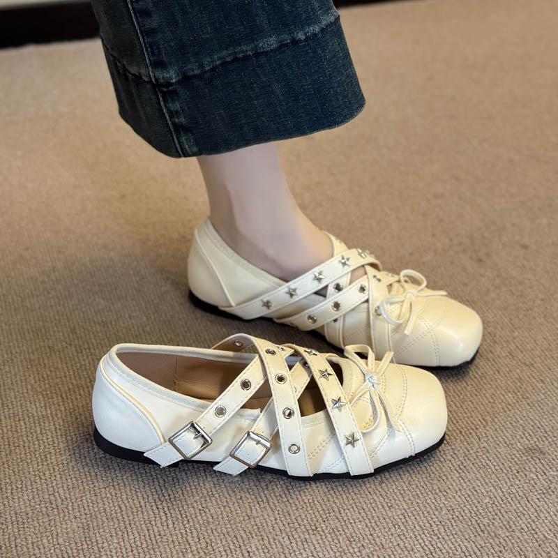 Fashion Vintage Bow Cross Strap Mary Jane Shoes Women Spring Summer New Shallow Rivet Ballet Soft Sole Flat Single Shoes