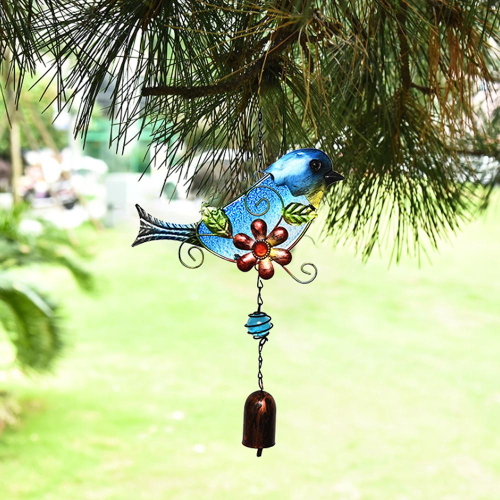 Rustic Bird Wind Chime Iron Wall Decor Metal Glass Painted Bell Hanging Ornament 37x20cm