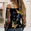 Plus Size Women Diagonal Shoulder Long Sleeve Top Boho Tropical Blossom Print Mesh Lace Splicing Blouse