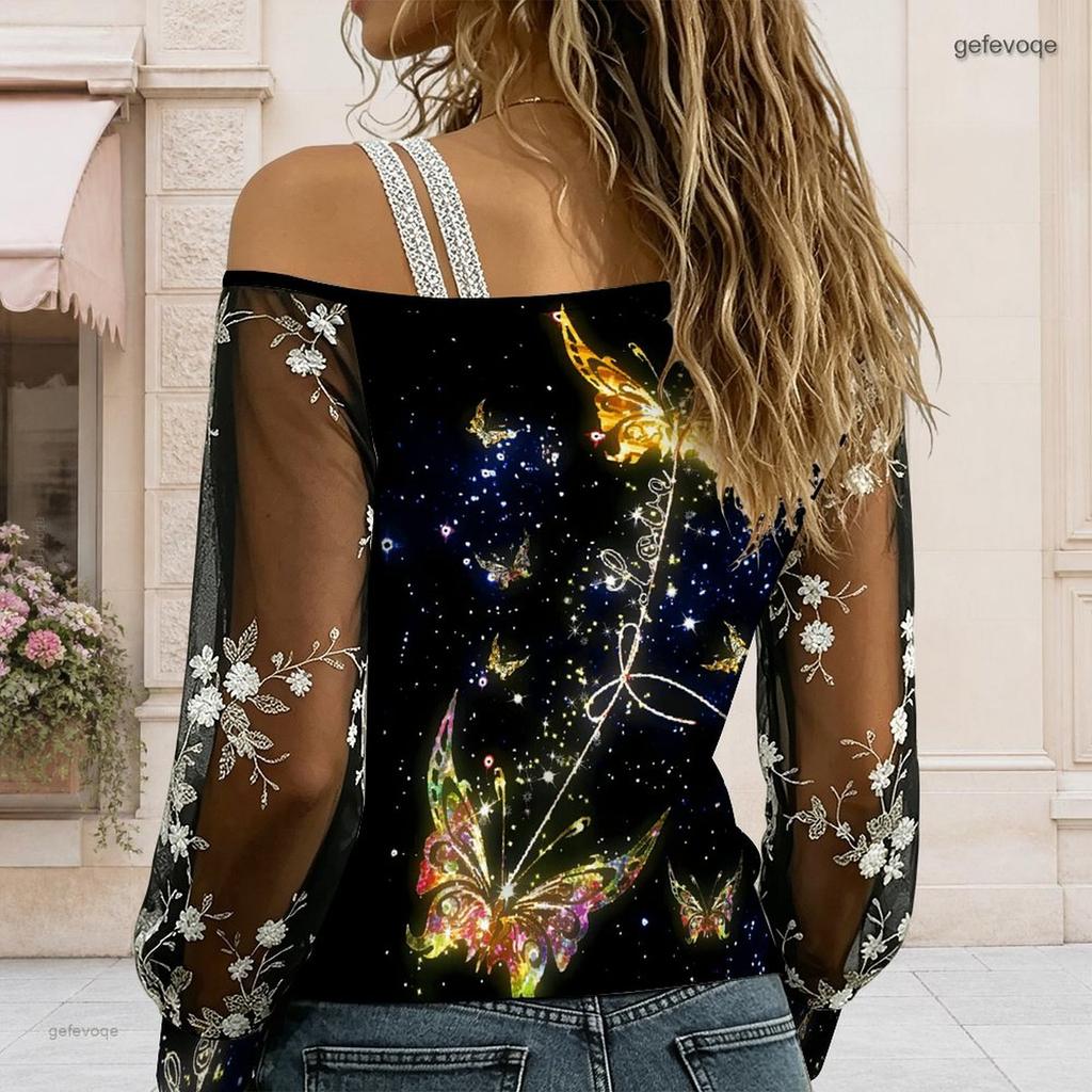 Plus Size Women Diagonal Shoulder Long Sleeve Top Boho Tropical Blossom Print Mesh Lace Splicing Blouse