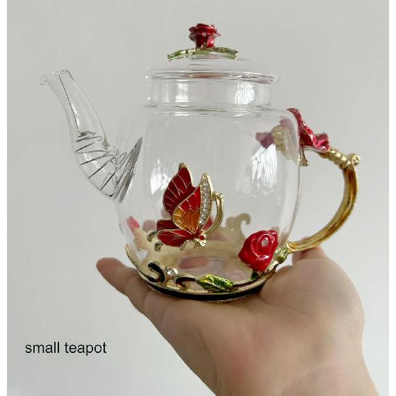 Creative Flower Glass Teapot Crystal Glass Teapot for Kung Fu Tea, Good Gift for Sister, Mom, Grandma, Teachers (Red Rose)