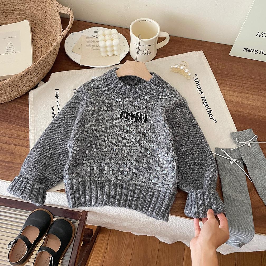 Girls' clothing autumn and winter new pullover top girls trendy heavy industry sequined letter embroidered sweater