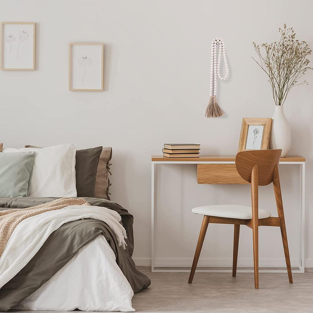 Bohemian Beaded Tassel Wall Hanging - Rustic White Wooden Beads & Natural Jute Fringe, Home Decor for Tables,for Weddings Room Decoration