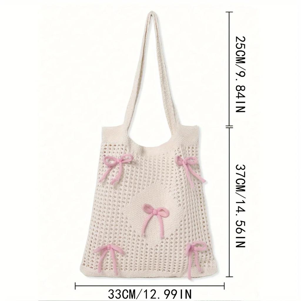 Preppy Style Crochet Tote Bag with Butterfly Accents Solid Color Polyester Shoulder Bag Foldable Fashion Beach Bag