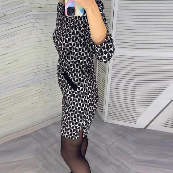 2023 Slimming Printed Round Neck Dress - European & American Style Women's Hip Wrap Skirt