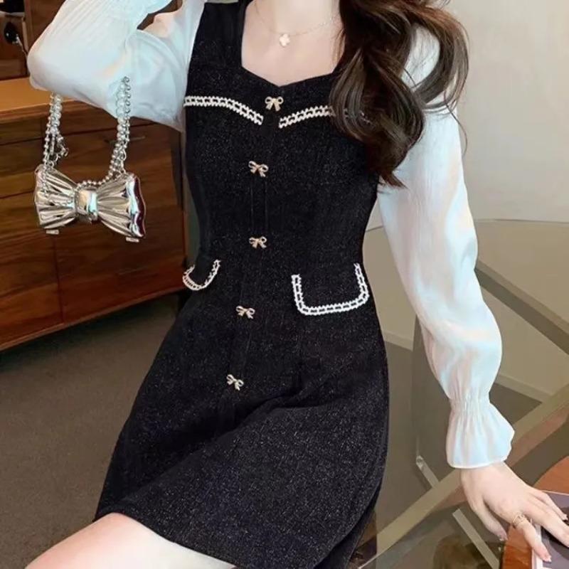 Womens Tweed Contrast Mesh Sleeve Bow Detail Mini Dress