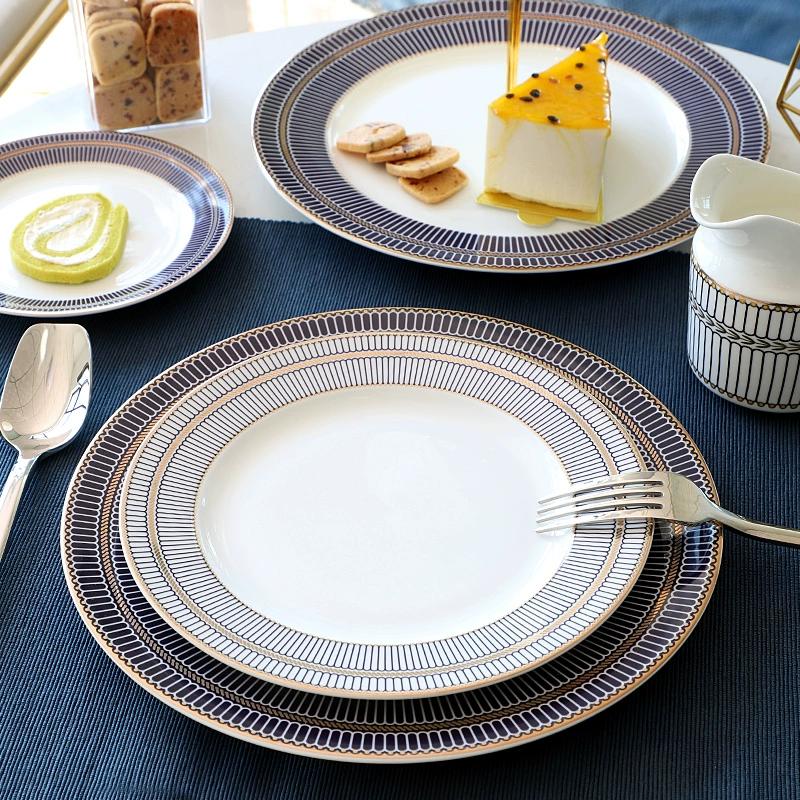 8/10palcové talíře z kostního porcelánu - Moderní elegantní kulaté nádobí se zlatým lemem Dezertní talířová sada Jídelní nádobí Servírovací talíře pro kuchyň, vhodné do mikrovlnné trouby