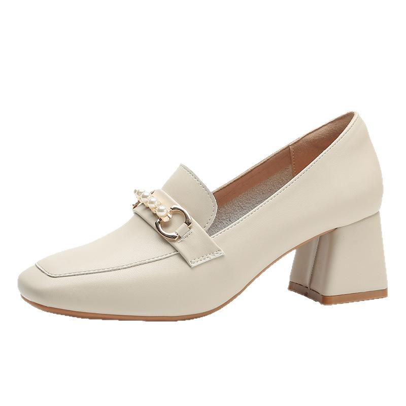 Simple Office Wear Soft and Innocent Leather Single Shoes 6 Cm Heel Tall Spring and Autumn Square Head Mary Pearl Diamond-inlaid Women's Shoes
