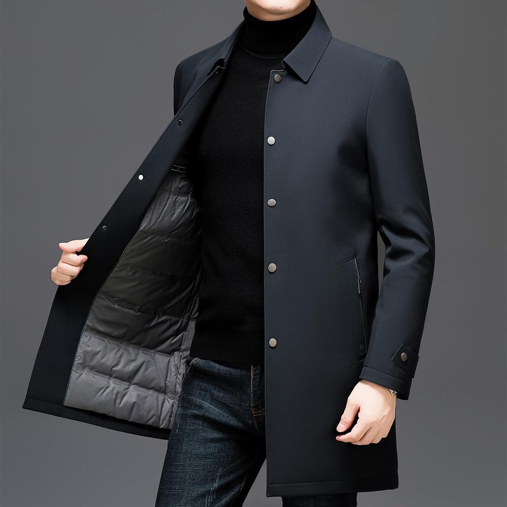 Casaco Trench Longo de Penas para Negócios [FJSSLHXK] Casaco Masculino, Jaqueta, Sobretudo, Corta-vento, Roupa Exterior, Outono/Inverno, Verde, FJPJJF38-GREEN-3XL