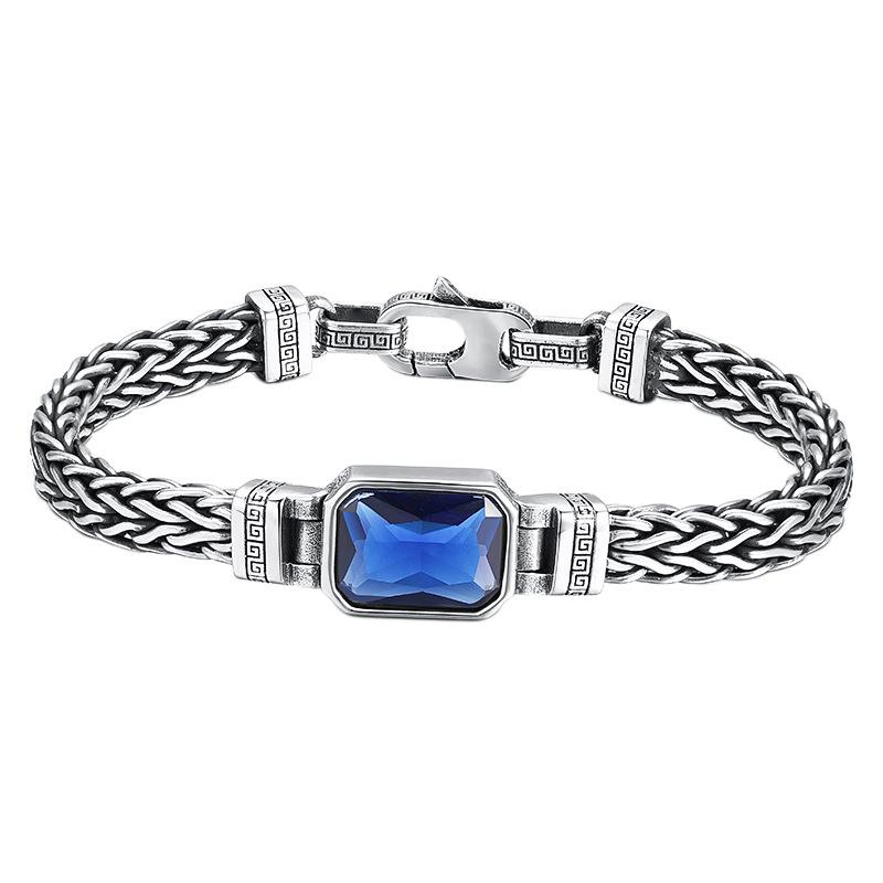 HX Silver Color Handwoven Handmade Bracelet 5MM Men's Blue Zircon Set Trendy Retro Vintage Bracelet Ins Jewelry