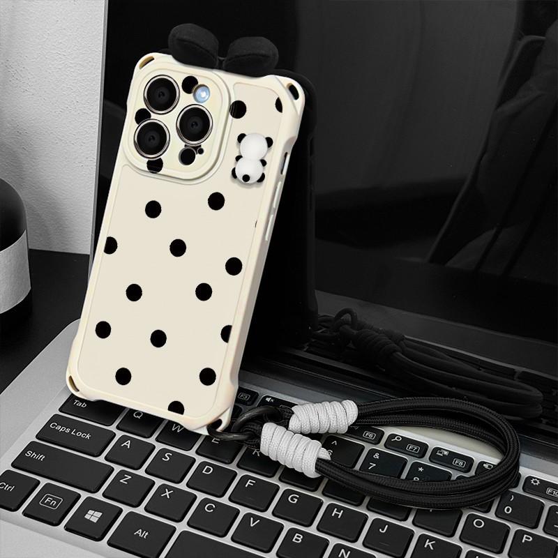Polka Dot Panda for IPhone 16 Phone Case 15pro for Apple 16ProMax Couple Model 14 with Lanyard 13