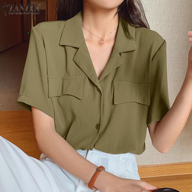 

ZANZEA Лето Повседневный отвернутый воротник с коротким рукавом Женская блузка