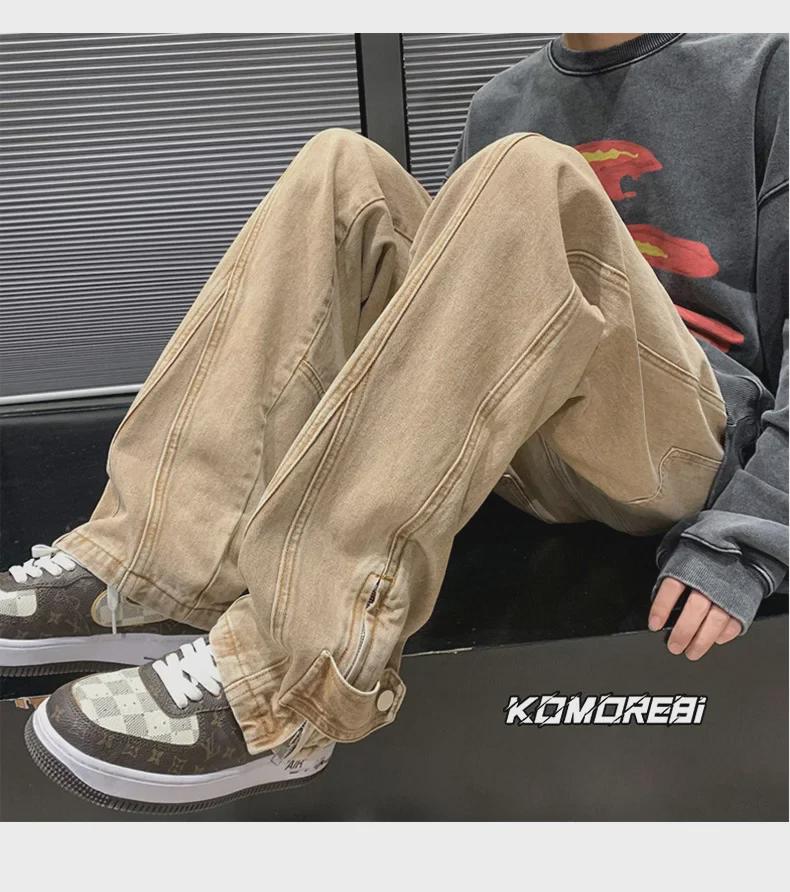 Calça Jeans Masculina de Verão Moda Retro Rasgada de Perna Larga