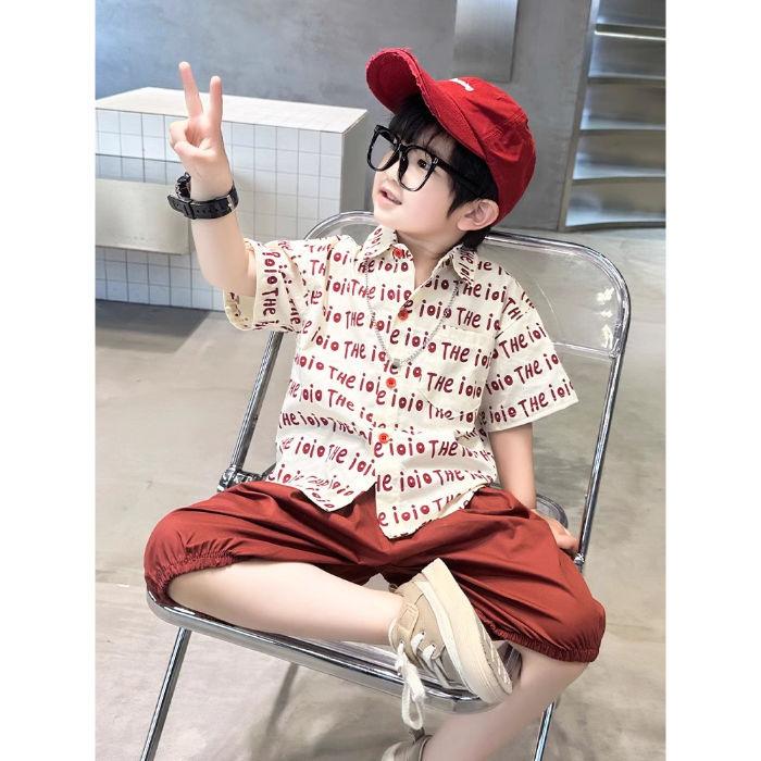 Boys Summer Lightweight Short Sleeve Casual Shirt with All Over Letter Print 90 красный