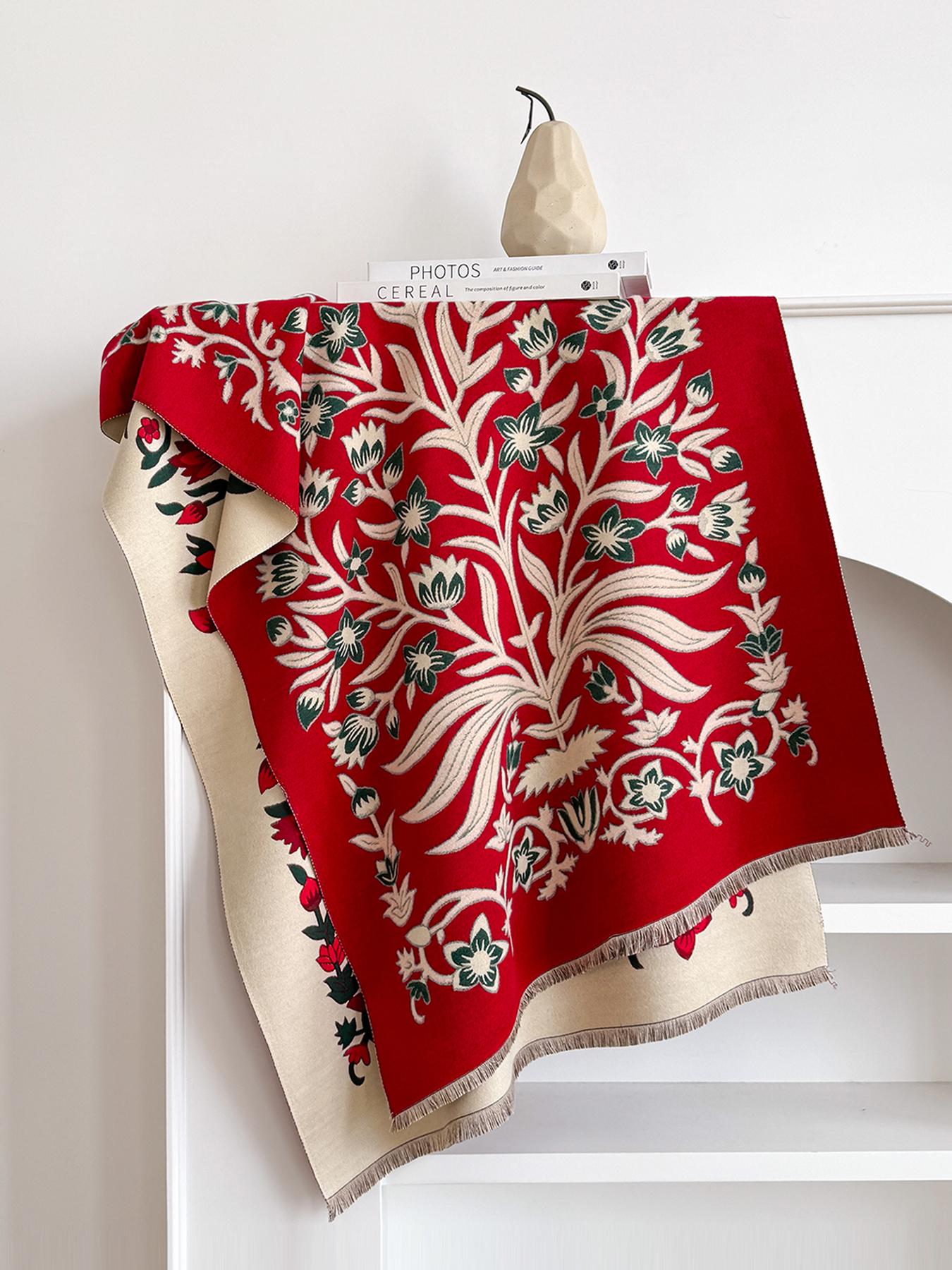 

Winter New: Elegant Women s Pattern Scarf, Thick Faux Pashmina Double - Sided Shawls, Warm Foulard Female Blanket Wraps червоний