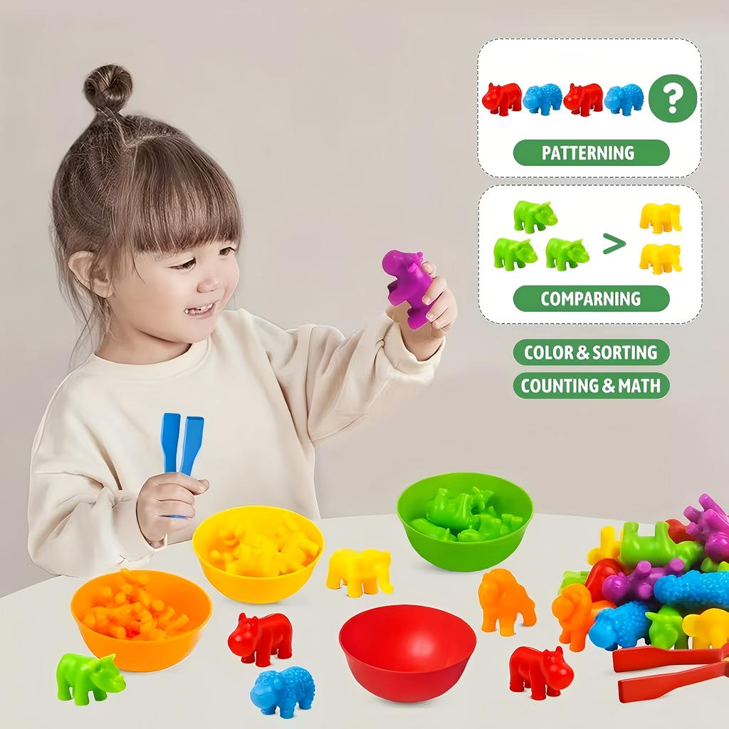 36pcs Color Sorting Animal Toy Set - Fun Parent-Child Sensory Game | Fine Motor Skills Training with Bowls and Tweezers