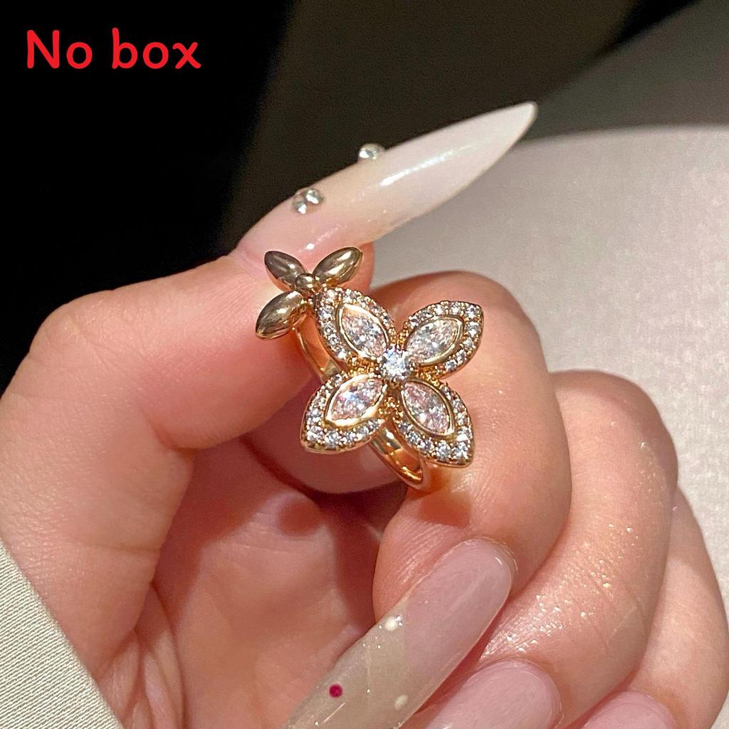 Lucky Clover Open Ring With Zirconia Flower Design For Women Fashion Jewelry