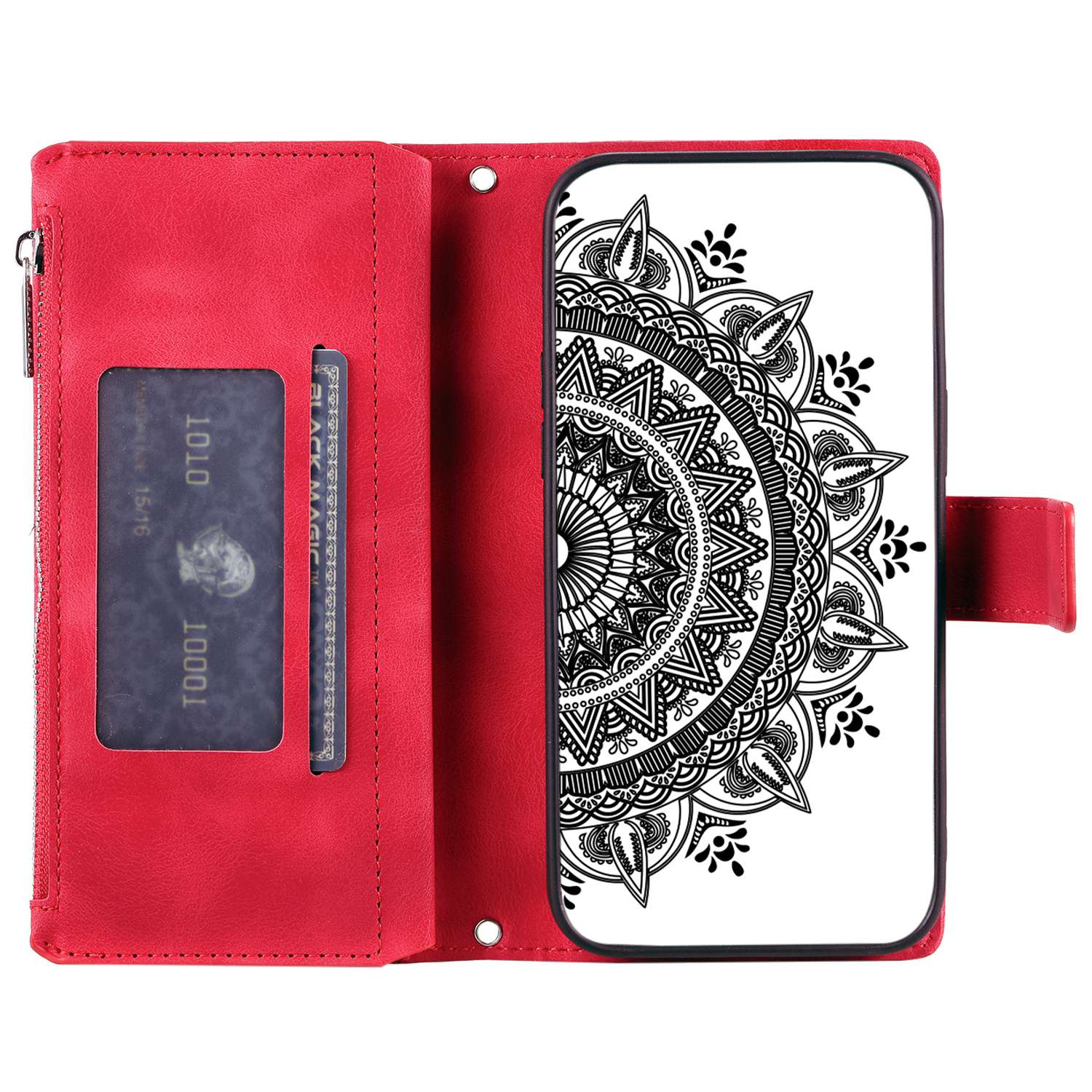

For Samsung Galaxy S21 FE 5G Mandala Flower Imprinted PU Leather Phone Cover Hands-free Stand with Multiple Card Slots Zipper Pocket Wallet Case Rose