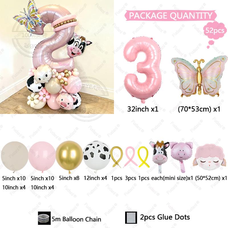 

52Pcs Farm Theme Cow Butterfly Sheep Pink Digital Balloon Set Birthday Party Decoration Shooting Props Baby Shower Globos 32inch