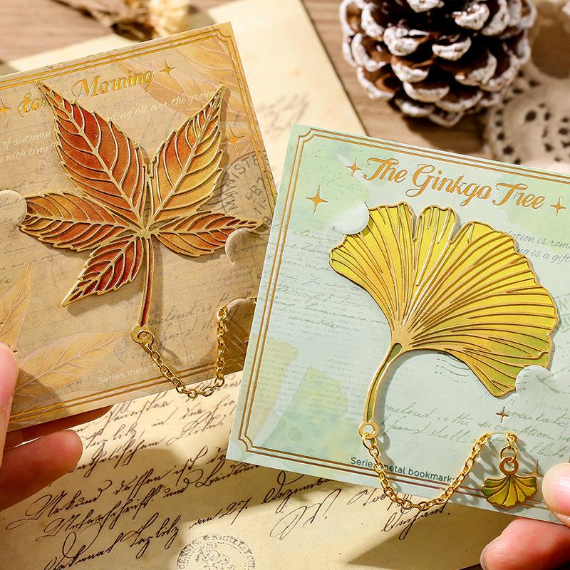 Exquisite Leaf Metal Bookmark with Metal Chain Pendant Maple Apricot Leaf Book Markers Reading Accessories Student Stationery