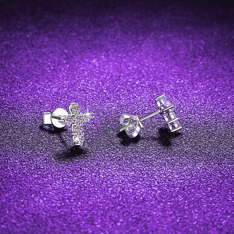 Unisex Moissanite Inlay 925 Sterling Silver Cross Stud Earrings - Street Style & Personality