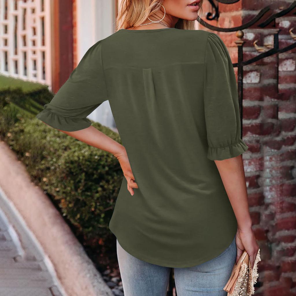 Women's Fashion Casual V,Neck Button,Front Pleated T,Shirt With Short Sleeves In Color