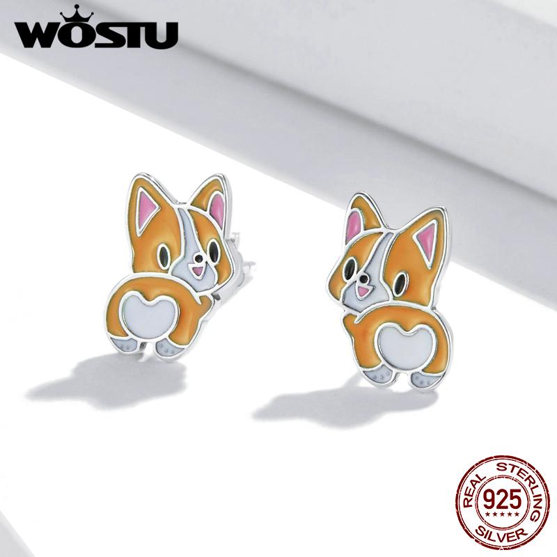 WOSTU 2021 925 Sterling Silver Animals Cute Lovely Corgi Stud Earrings For Women Fashion Party Jewelry CQE1281